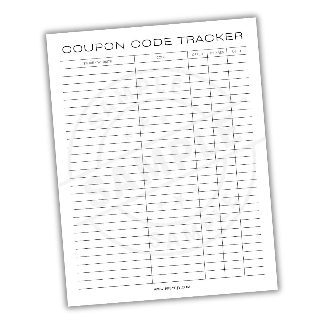 Coupon code tracker sheet with columns for store name, code, offer, and used status on a white background.