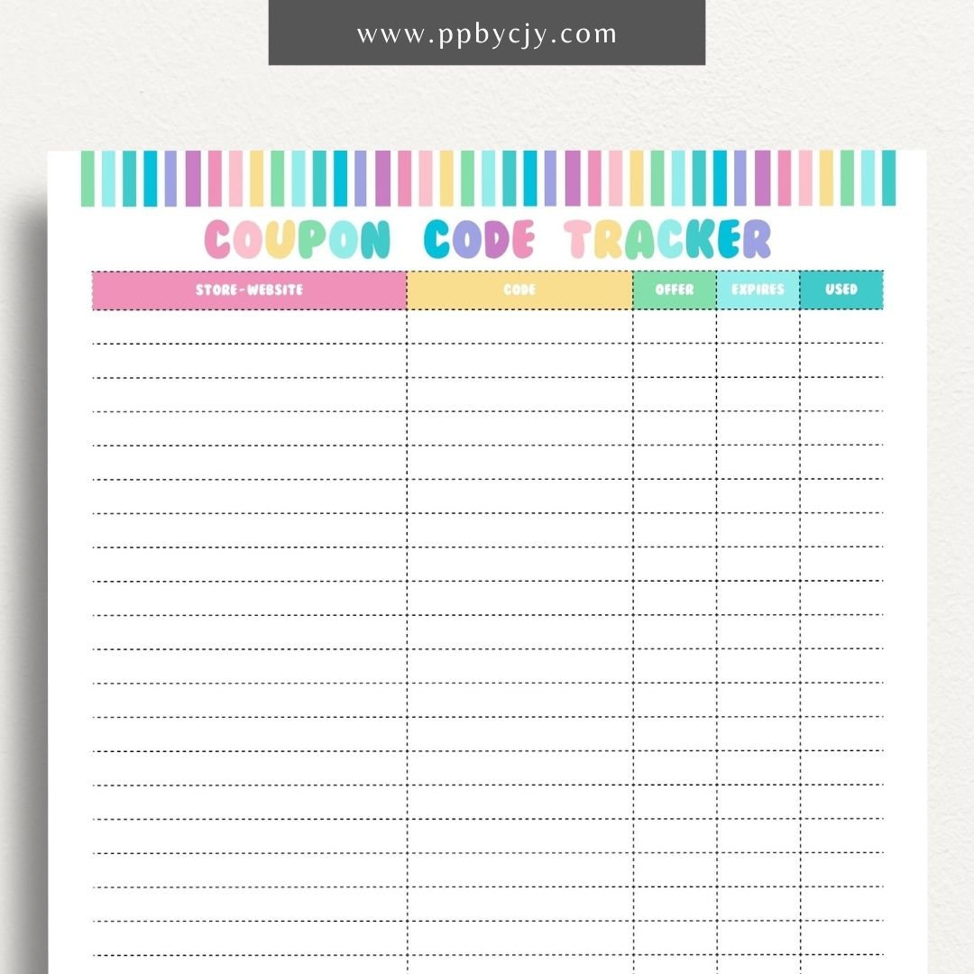 Coupon Codes Tracker Printable Template – Digital Download for Organizing and Managing Coupon Codes and Discounts