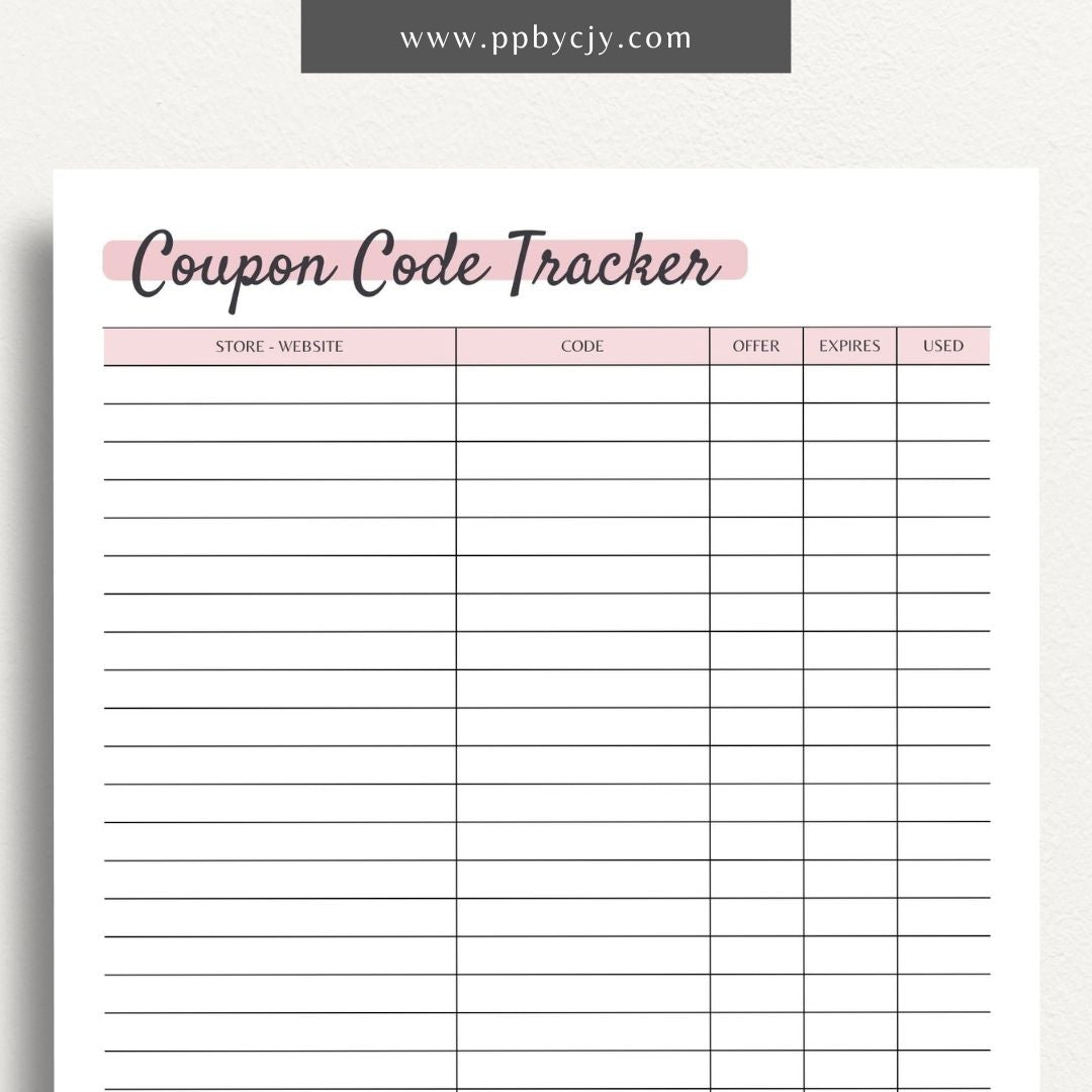Coupon Code Organizer Printable PDF Template