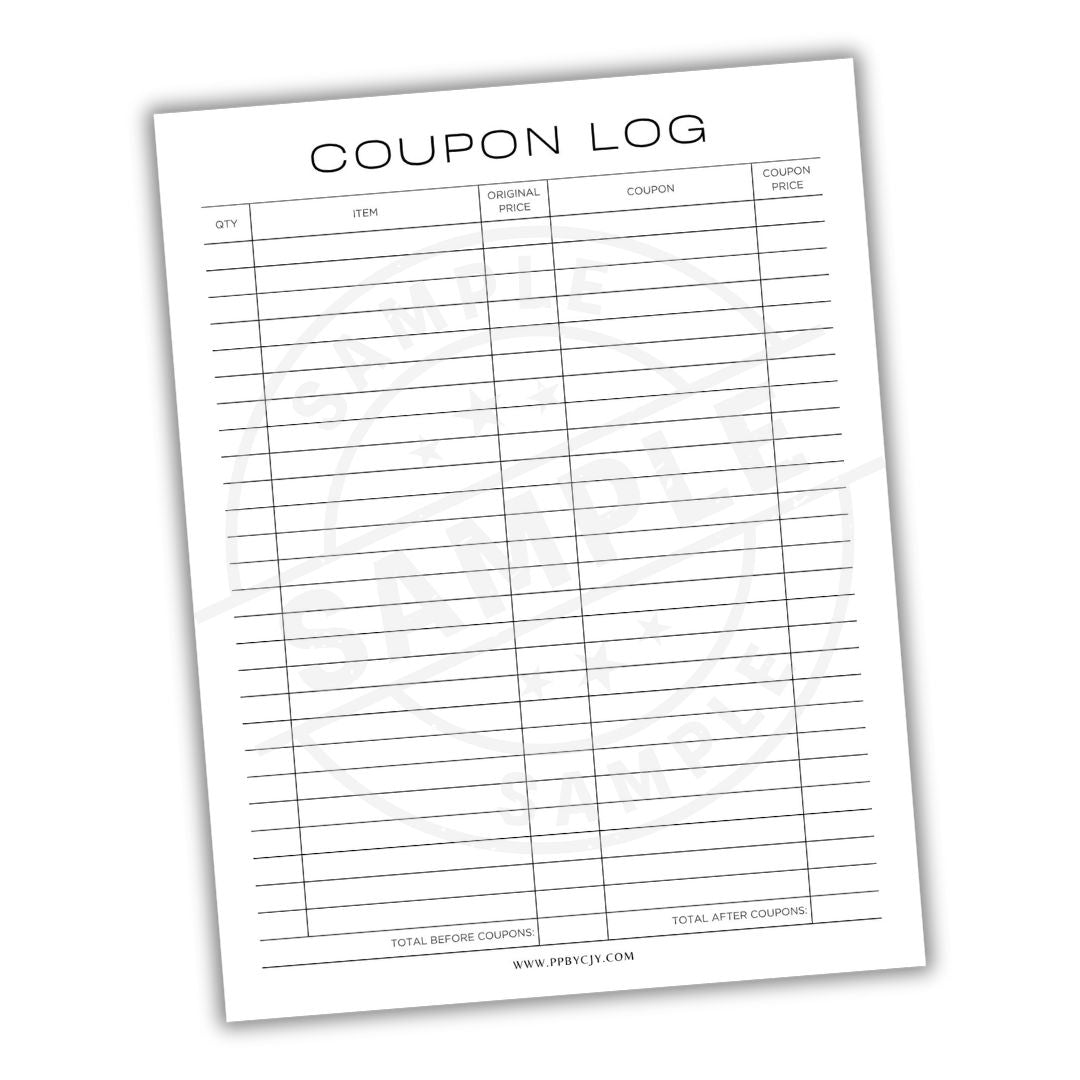 Coupon log sheet with columns for item, original price, coupon, and price.