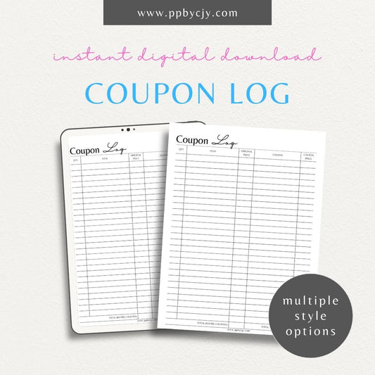 Coupon Log Printable Template – Digital Download for Recording and Tracking Coupon Usage and Expiration Dates