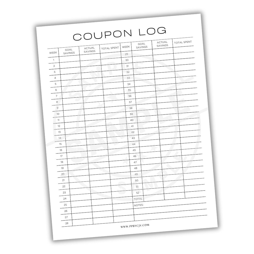 Coupon log sheet with columns for week, date, amount, and total spend on a white background.