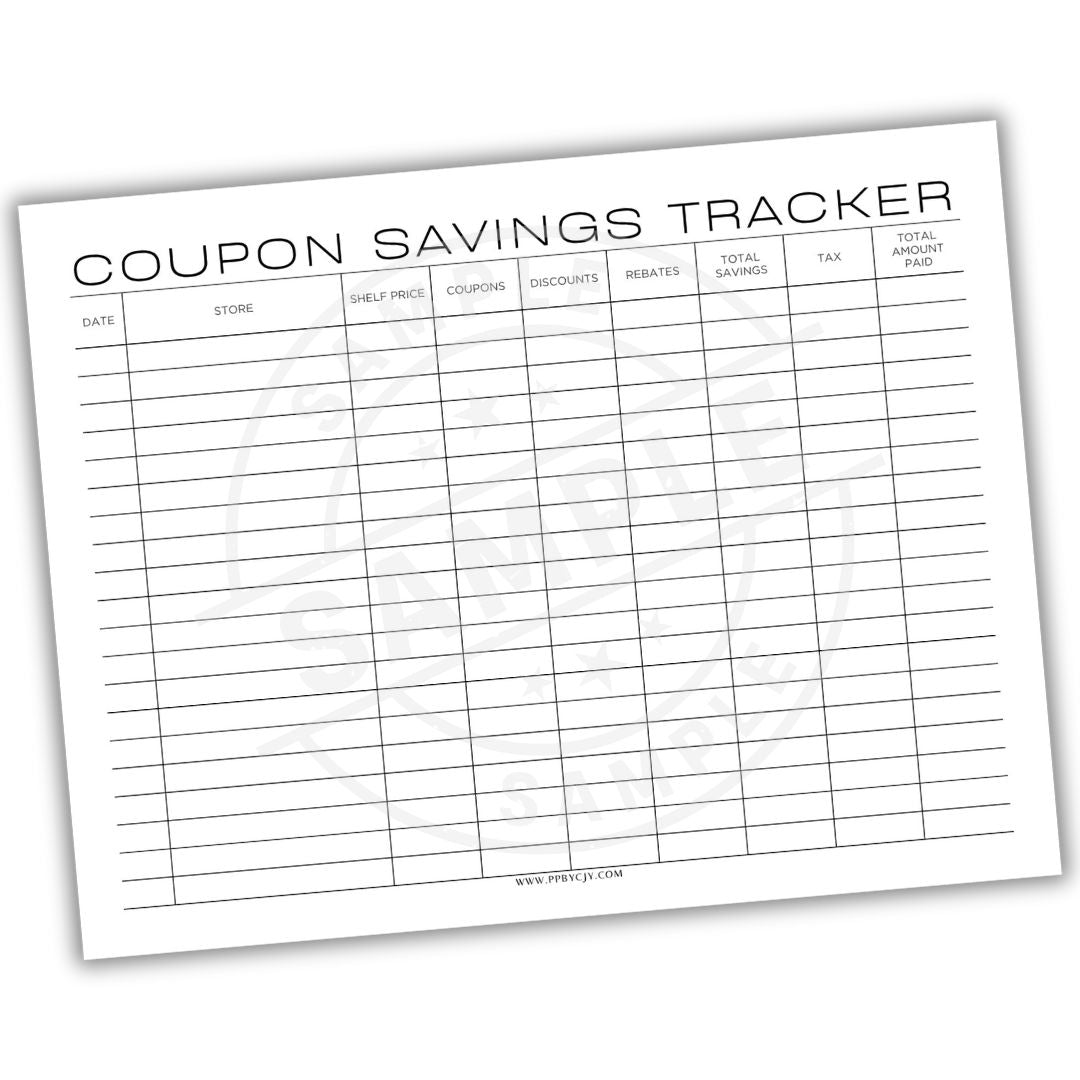 Coupon Savings Tracker sheet with columns for date, store, price, coupons, etc.