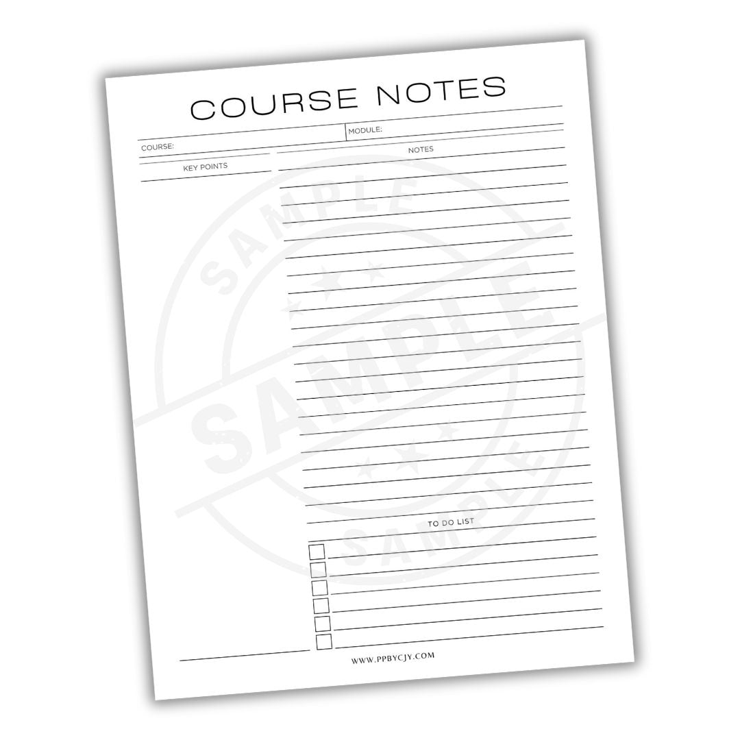 Course notes sheet with a circular design and text on a white background