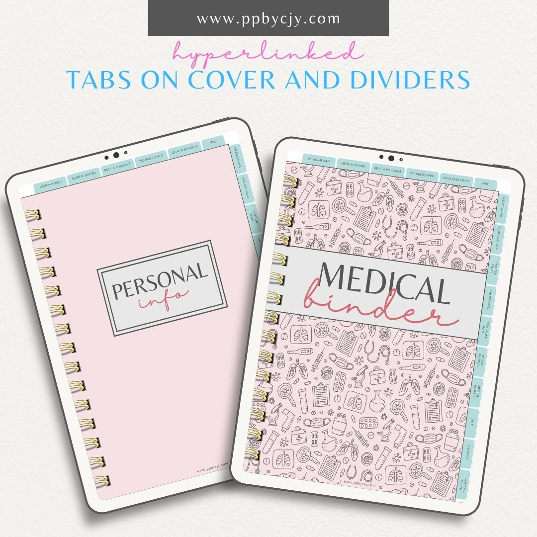 Medical Information Digital Planner – Digital download featuring interactive pages for organizing and tracking personal medical details, health records, and appointments.