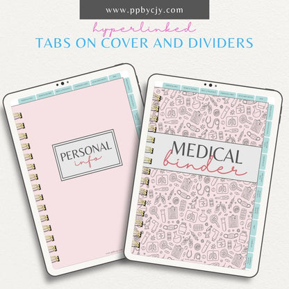 Medical Information Digital Planner – Digital download featuring interactive pages for organizing and tracking personal medical details, health records, and appointments.