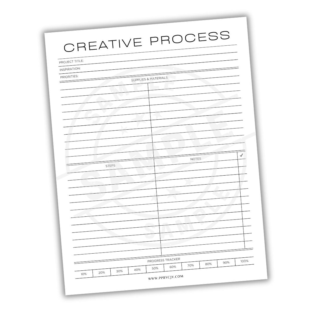 Sheet of paper titled 'Creative Process' with various sections for project details and notes on a white background.