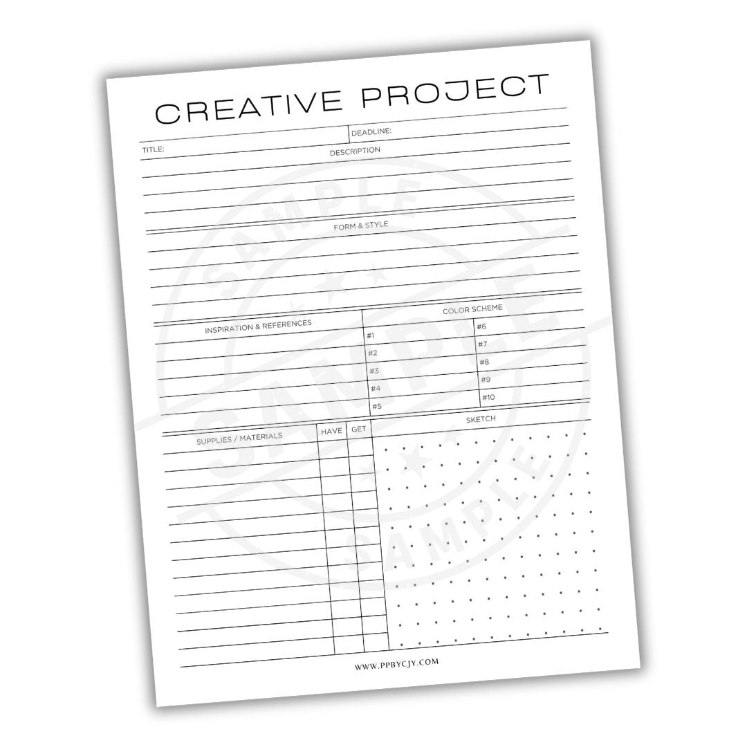 Blank sheet for a creative project with various sections on a white background