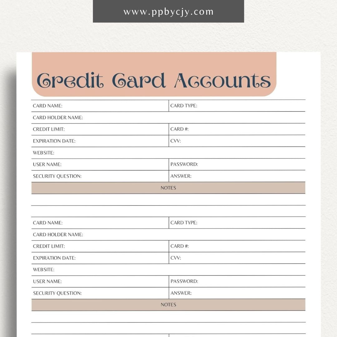 Credit Card Account Tracker Printable Template – Digital Download for Monitoring and Managing Credit Card Transactions and Balances