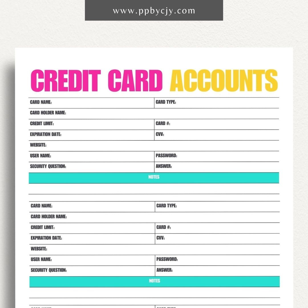 Credit Card Account Tracker Printable Template – Digital Download for Monitoring and Managing Credit Card Transactions and Balances