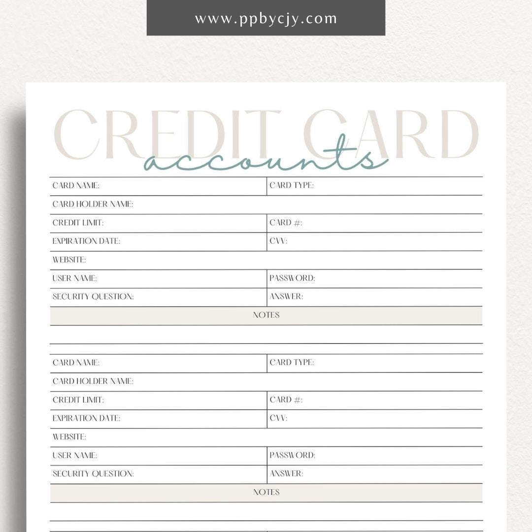 Credit Card Account Tracker Printable Template – Digital Download for Monitoring and Managing Credit Card Transactions and Balances