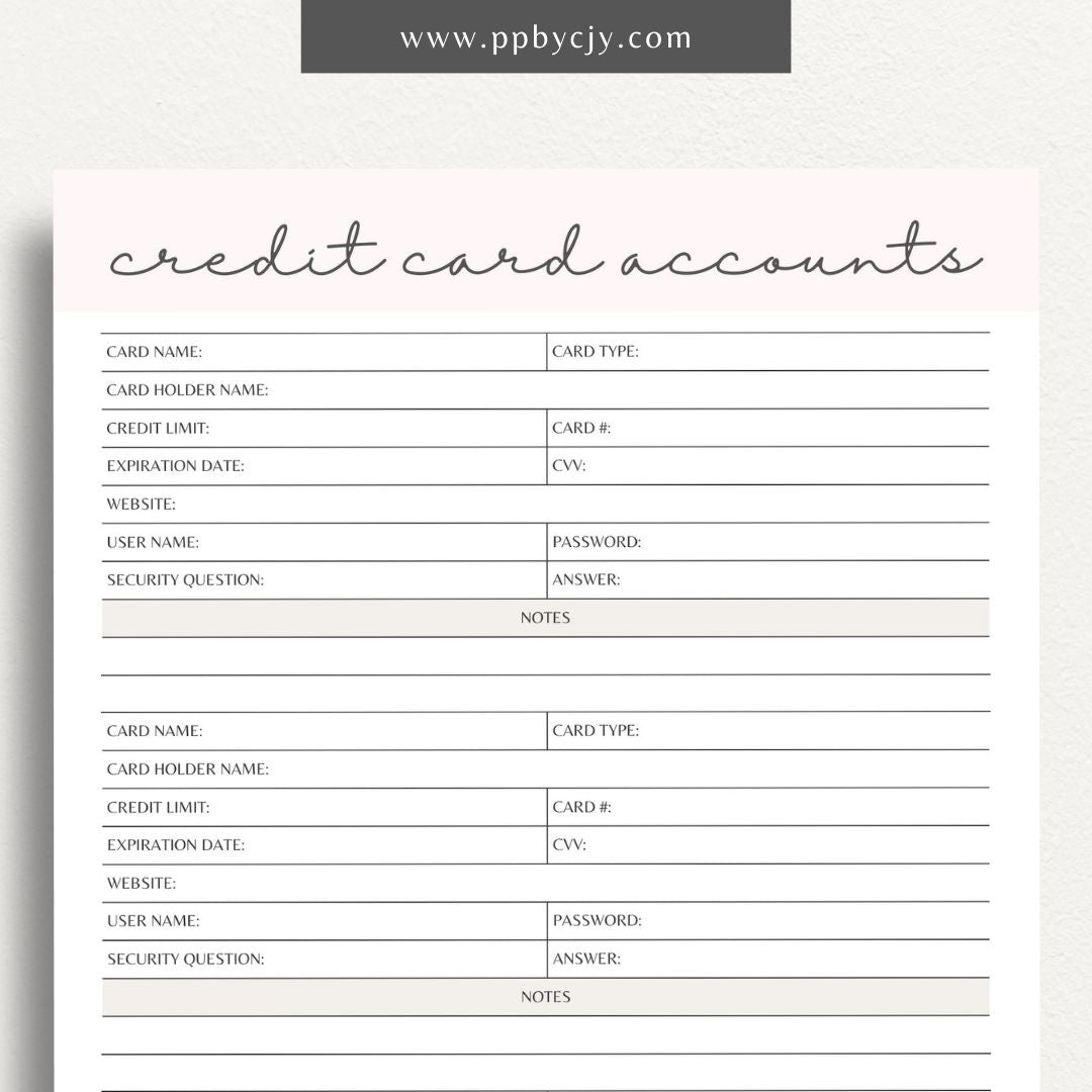 Credit Card Account Tracker Printable Template – Digital Download for Monitoring and Managing Credit Card Transactions and Balances