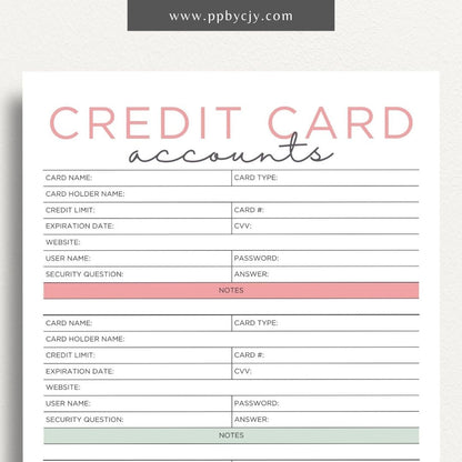 Credit Card Account Tracker Printable Template – Digital Download for Monitoring and Managing Credit Card Transactions and Balances