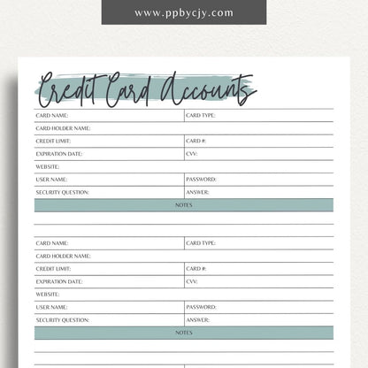 Credit Card Account Tracker Printable Template – Digital Download for Monitoring and Managing Credit Card Transactions and Balances