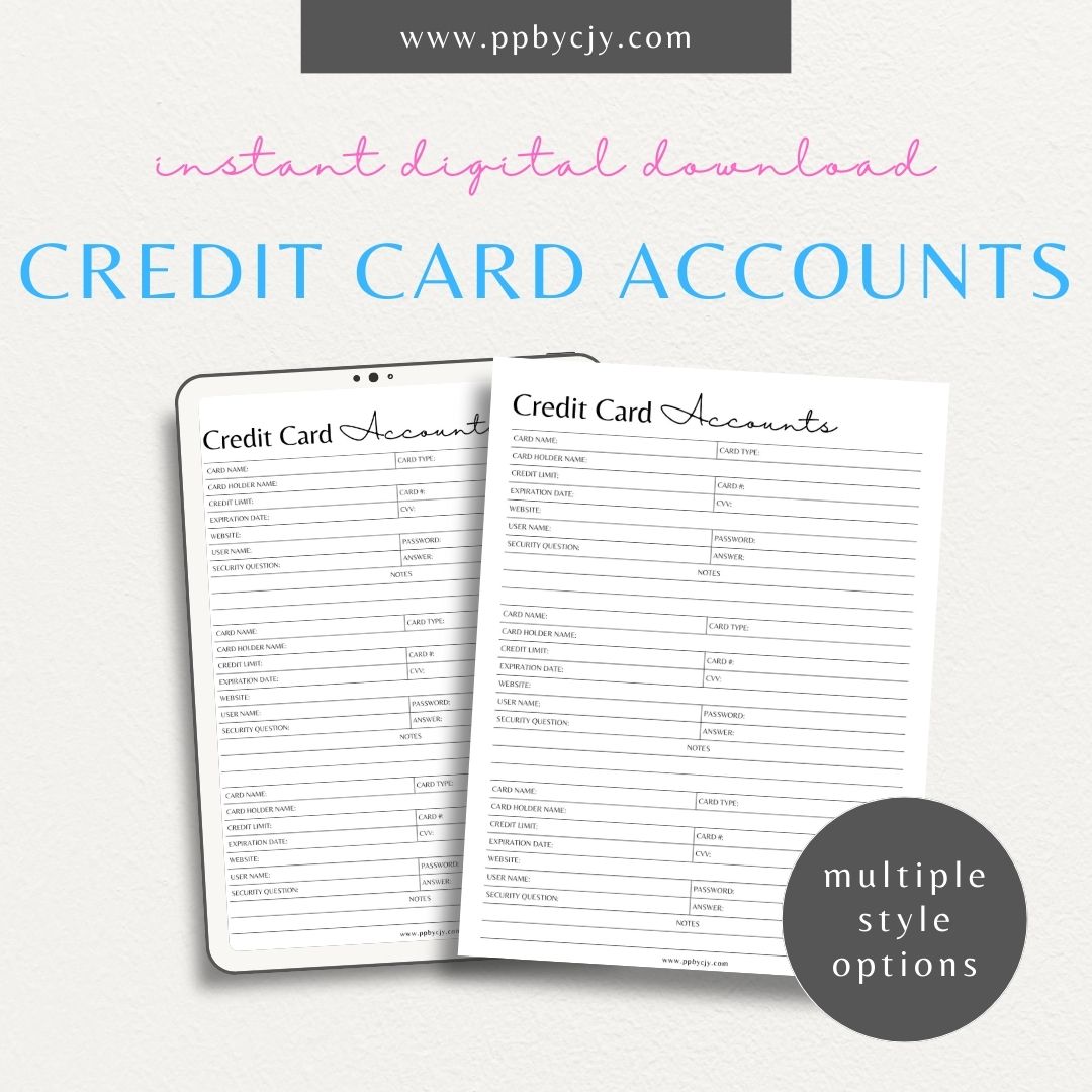 Credit Card Account Tracker Printable Template – Digital Download for Monitoring and Managing Credit Card Transactions and Balances