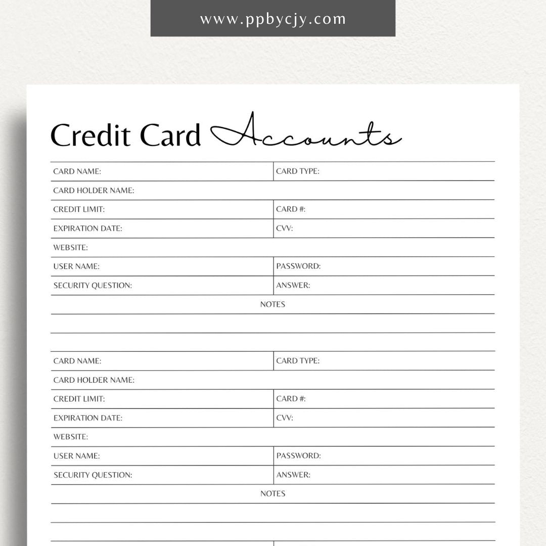 Credit Card Account Tracker Printable Template – Digital Download for Monitoring and Managing Credit Card Transactions and Balances