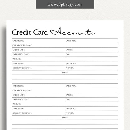 Credit Card Account Tracker Printable Template – Digital Download for Monitoring and Managing Credit Card Transactions and Balances