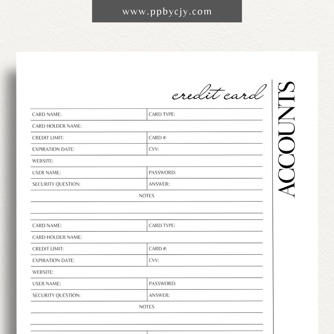 Credit Card Account Tracker Printable Template – Digital Download for Monitoring and Managing Credit Card Transactions and Balances