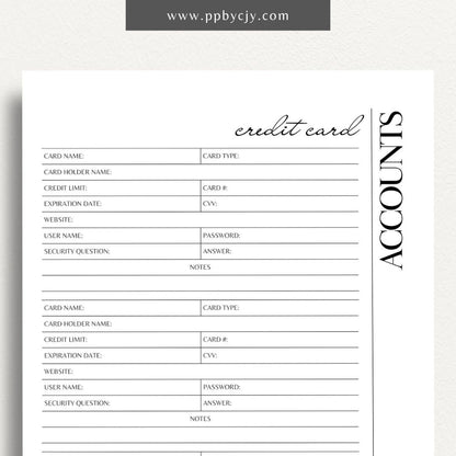 Credit Card Account Tracker Printable Template – Digital Download for Monitoring and Managing Credit Card Transactions and Balances