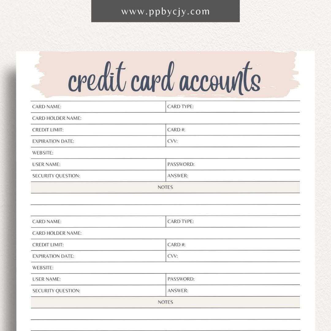 Credit Card Account Tracker Printable Template – Digital Download for Monitoring and Managing Credit Card Transactions and Balances