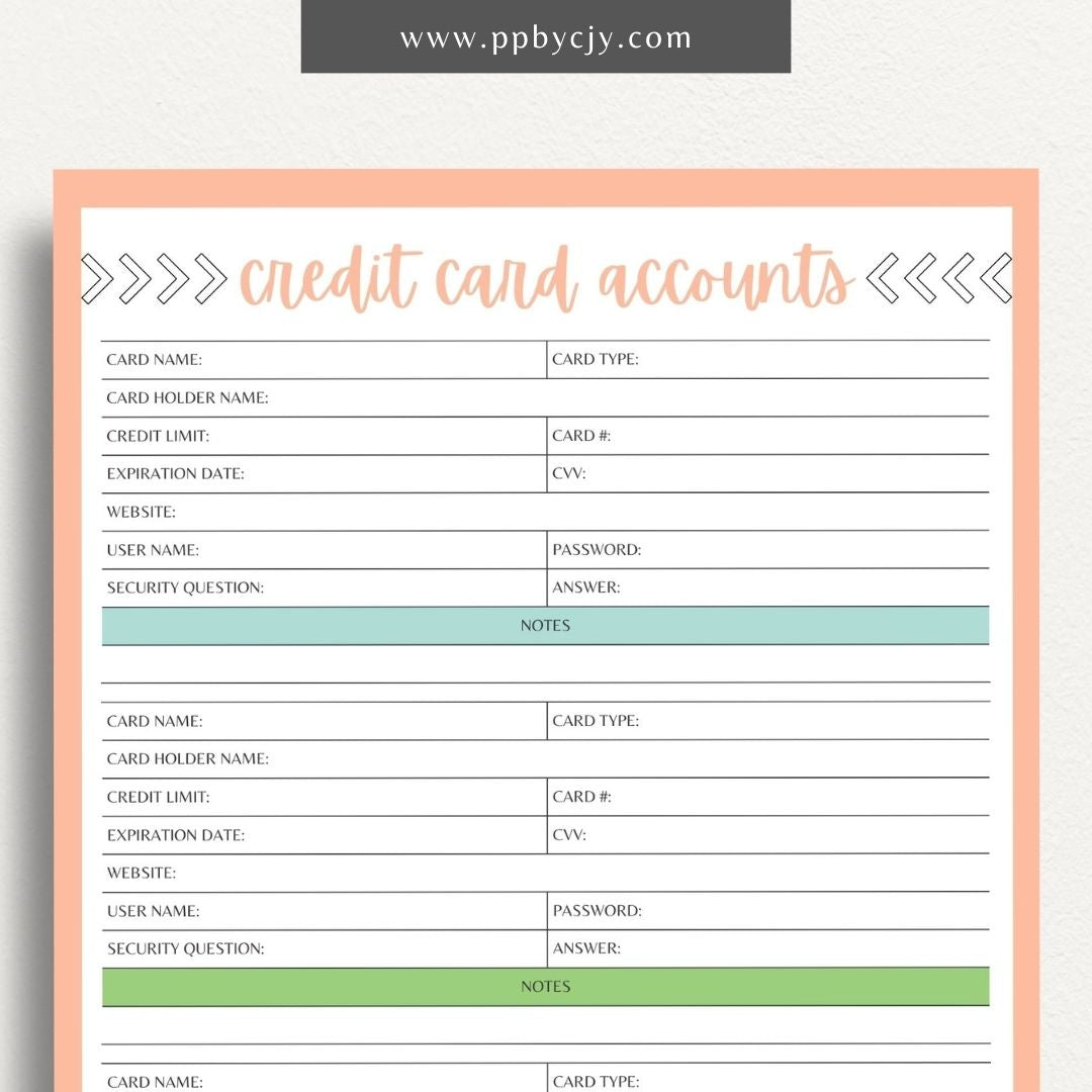 Credit Card Account Tracker Printable Template – Digital Download for Monitoring and Managing Credit Card Transactions and Balances