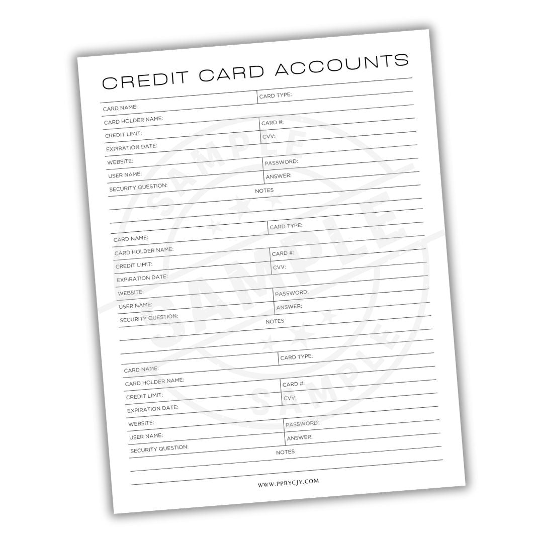 Sheet of paper with a credit card accounts form on a white background