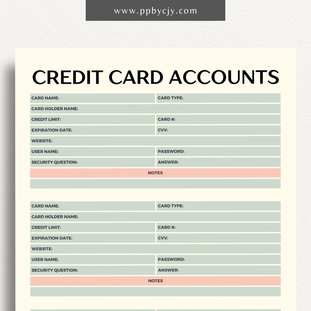 Credit Card Account Tracker Printable Template – Digital Download for Monitoring and Managing Credit Card Transactions and Balances