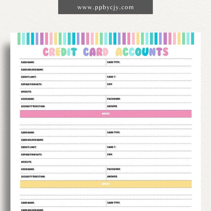 Credit Card Account Tracker Printable Template – Digital Download for Monitoring and Managing Credit Card Transactions and Balances