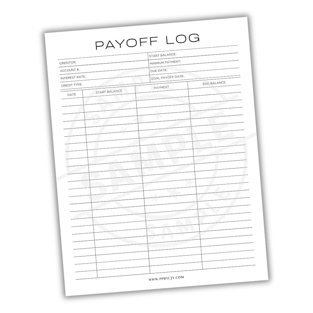 Payoff log sheet with columns for start balance, payment, due date, and end balance on a white background.