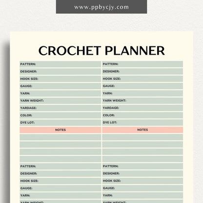 Crochet Project Planner Printable Template – Digital Download for Managing and Tracking Crochet Projects, Supplies, and Progress