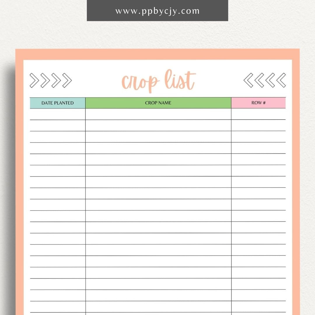 printable template page with columns and rows related to homestead garden crops