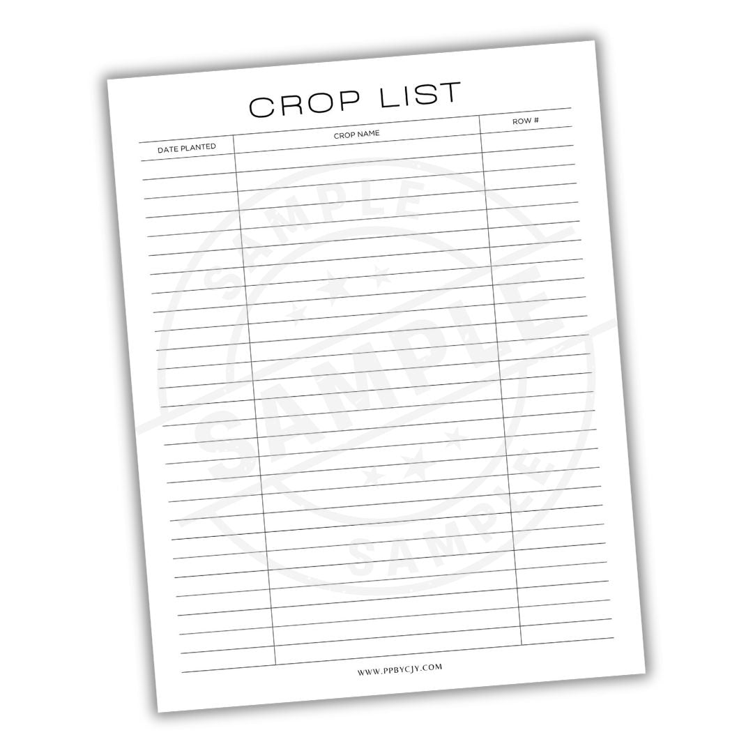 Crop list sheet with columns for date planted, crop name, and row number on a white background.