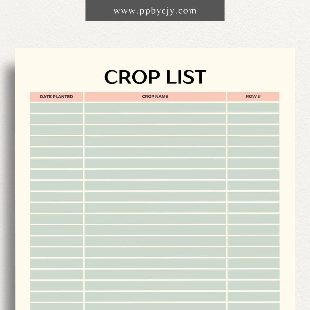 printable template page with columns and rows related to homestead garden crops