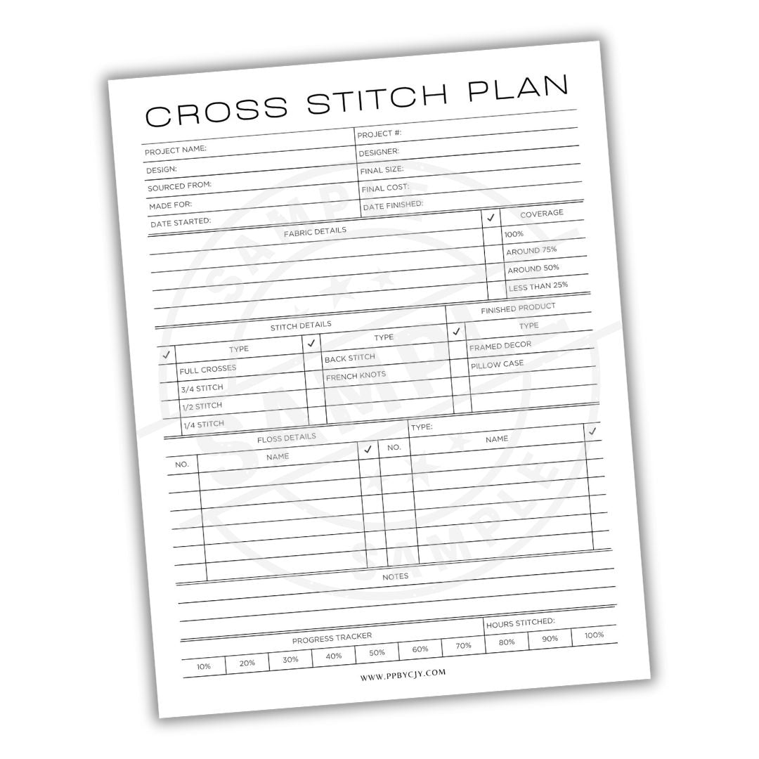 Cross Stitch Plan sheet with various fields for details on a white background
