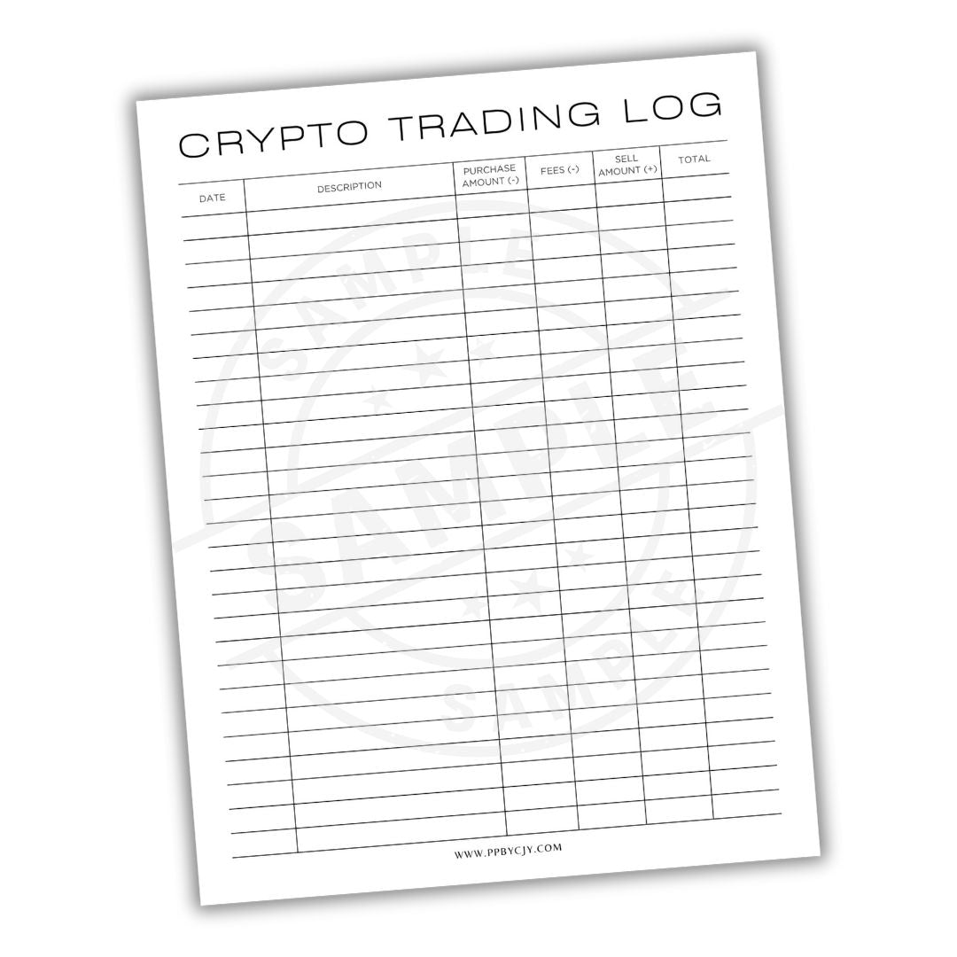 Crypto Trading Log sheet with columns for date, description, purchase amount, fees, taxes, and total.