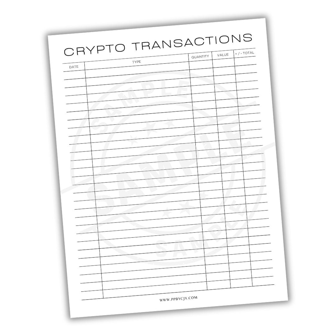 Sheet titled 'Crypto Transactions' with columns for date, type, quantity, value, and total on a white background.
