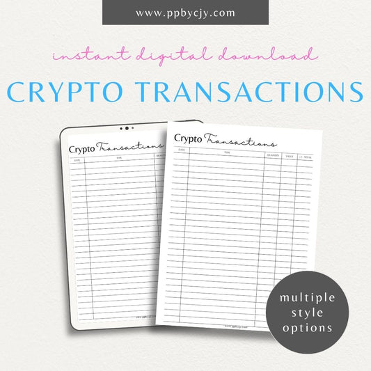 Crypto Transaction Register Printable Template – Digital Download for Logging and Managing Cryptocurrency Transactions and Activities