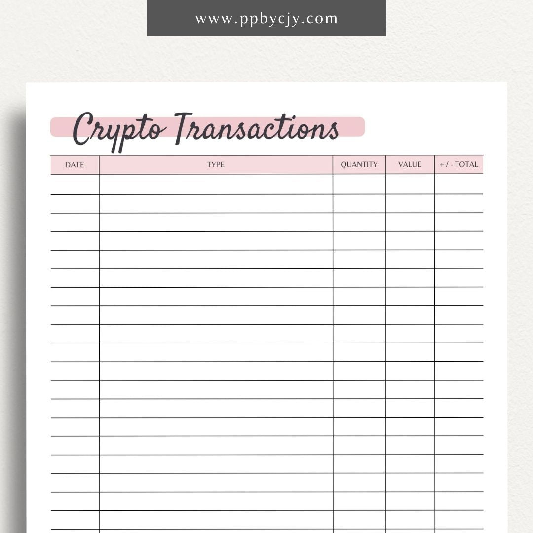 Crypto Transaction Register Printable PDF Template