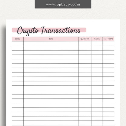 Crypto Transaction Register Printable PDF Template