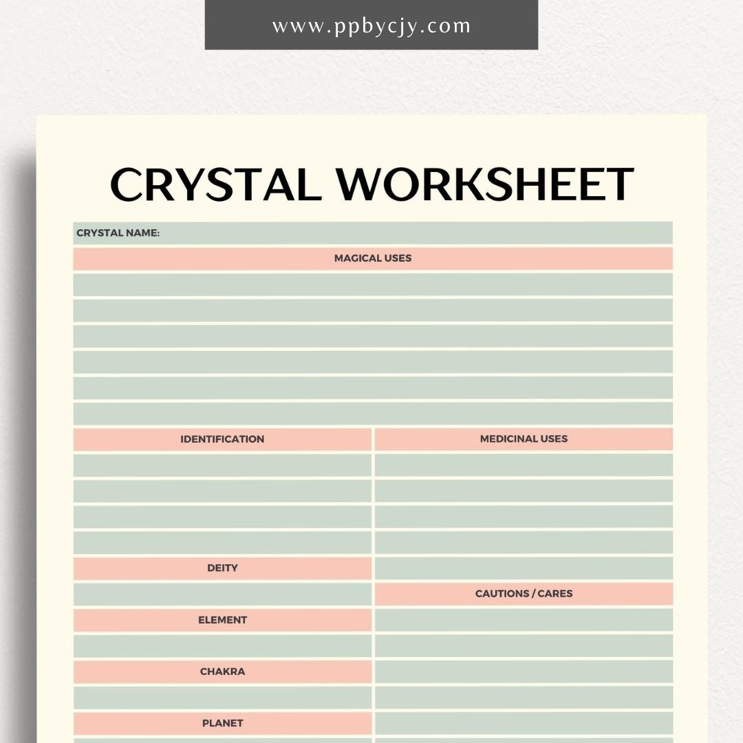 printable template page with columns and rows related to crystal uses