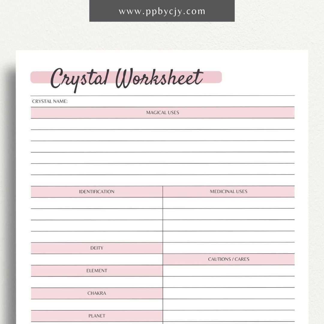 printable template page with columns and rows related to crystal uses