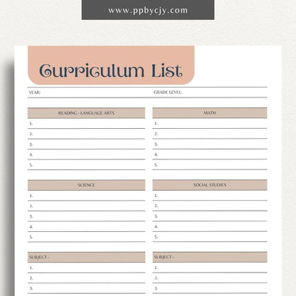 Curriculum List Printable Template – Digital Download for Organizing and Managing Educational Curriculum and Lesson Plans