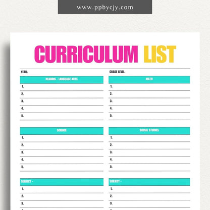 Curriculum List Printable Template – Digital Download for Organizing and Managing Educational Curriculum and Lesson Plans