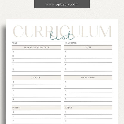 Curriculum List Printable Template – Digital Download for Organizing and Managing Educational Curriculum and Lesson Plans