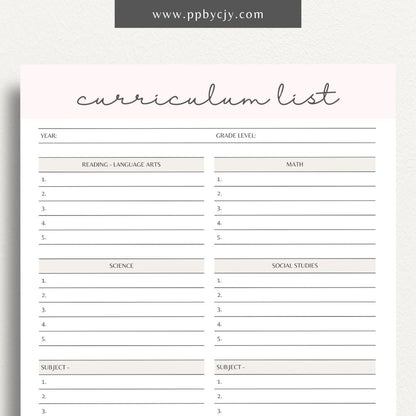 Curriculum List Printable Template – Digital Download for Organizing and Managing Educational Curriculum and Lesson Plans