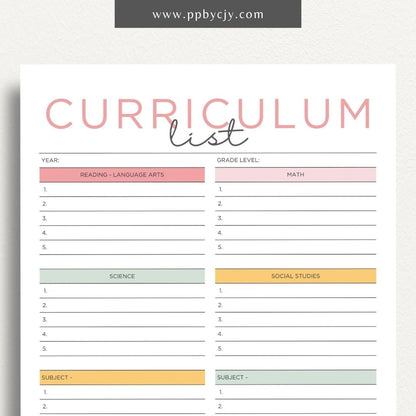 Curriculum List Printable Template – Digital Download for Organizing and Managing Educational Curriculum and Lesson Plans