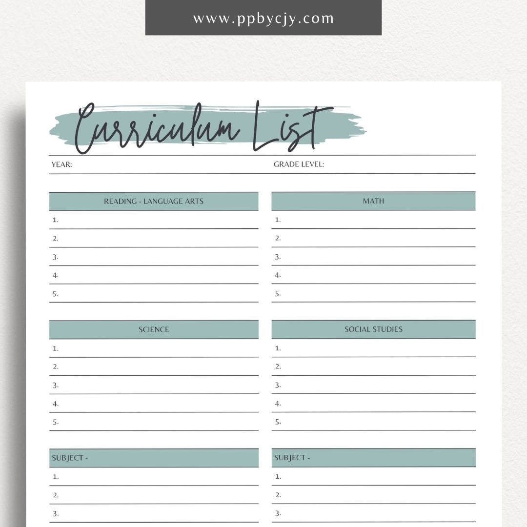 Curriculum List Printable Template – Digital Download for Organizing and Managing Educational Curriculum and Lesson Plans