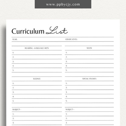 Curriculum List Printable Template – Digital Download for Organizing and Managing Educational Curriculum and Lesson Plans