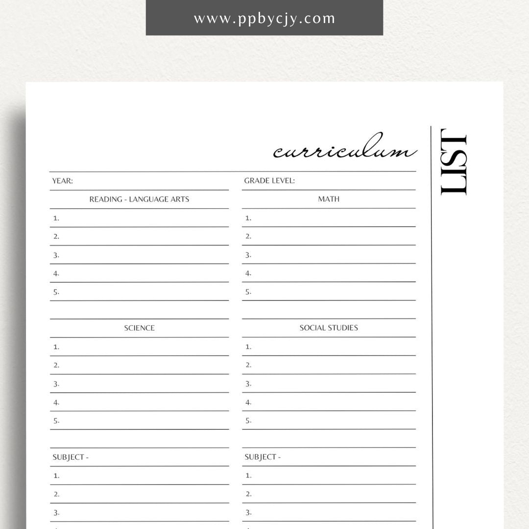 Curriculum List Printable Template – Digital Download for Organizing and Managing Educational Curriculum and Lesson Plans