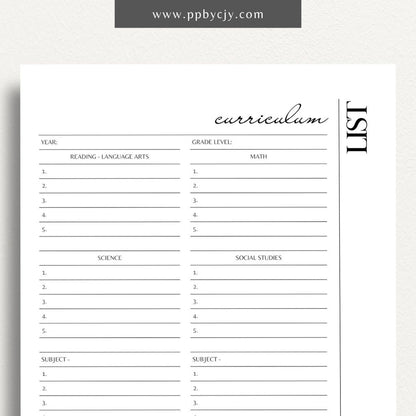 Curriculum List Printable Template – Digital Download for Organizing and Managing Educational Curriculum and Lesson Plans